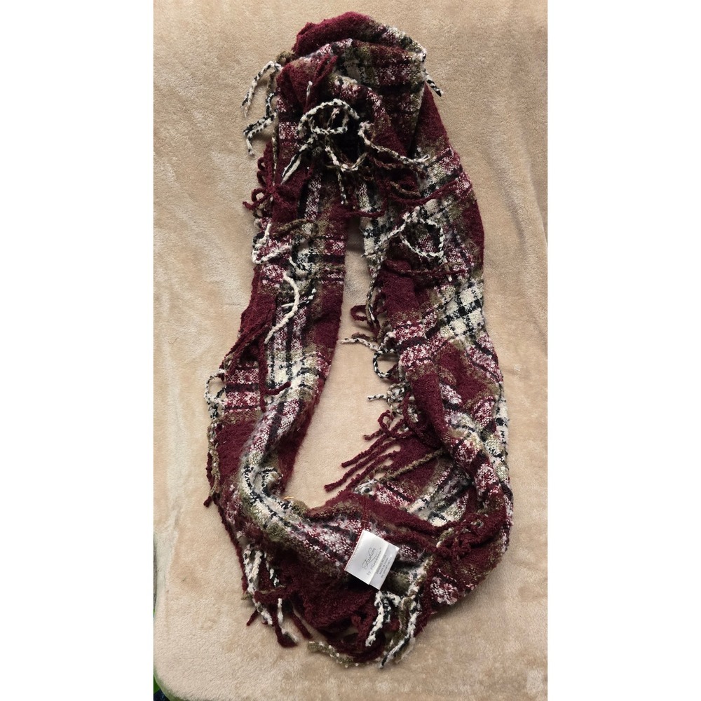 Fashion by Mirabeau Burgundy Plaid Boucle Knit Infinity Scarf with Fringe